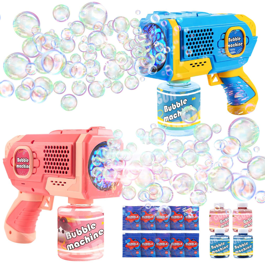EagleStone 2 Bubble Guns for Toddlers, Automatic Bubble Machine for Kids, Bubble Blower w/ 4 Bottles Bubble Solution Refill & LED Lights, Bubbles Party Favors for Summer Outdoor Toy Birthday Gifts