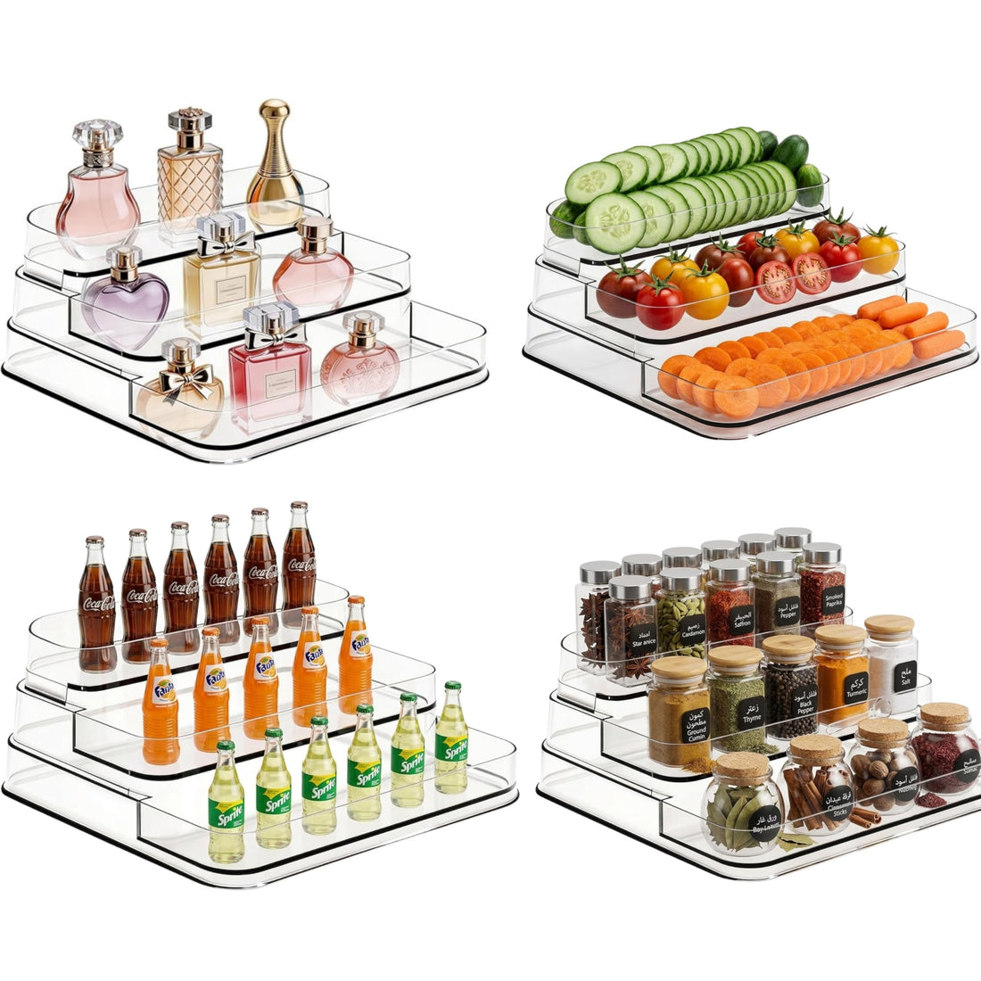 Perfume Organizer - 4 Pack Three-Tiered Shelf - Perfume Lotion Skincare Stand, Spice Vitamins Medicine Bottles Holder,Sturdy Clear Rack for Kitchen Bathroom Countertop Cabinet Storage