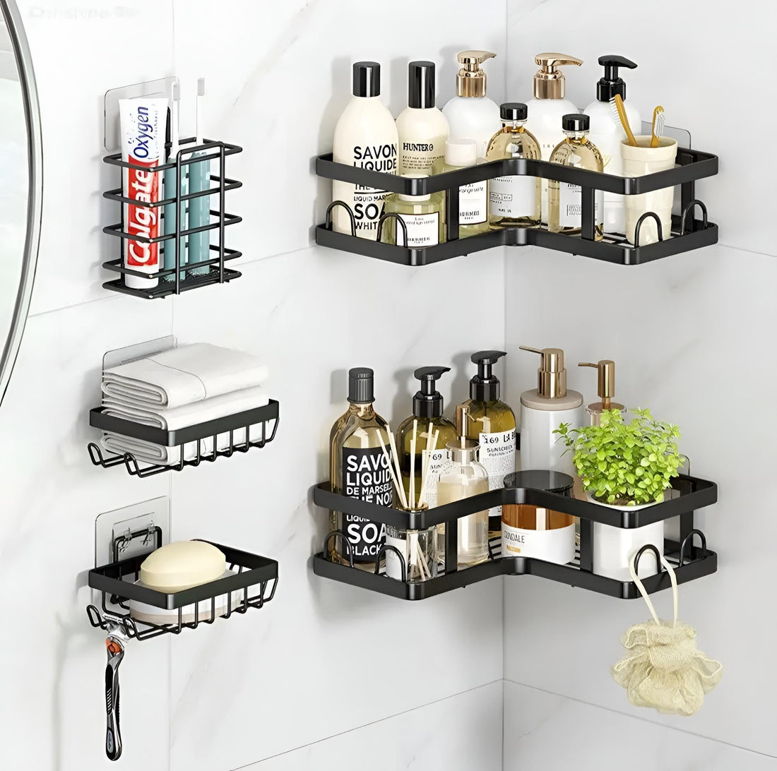 Metal Bathroom Corner Kit - Five-piece stainless steel adhesive shower stand, ideal for storing personal care supplies, towels and cleaning materials without installation. (Model 2)
