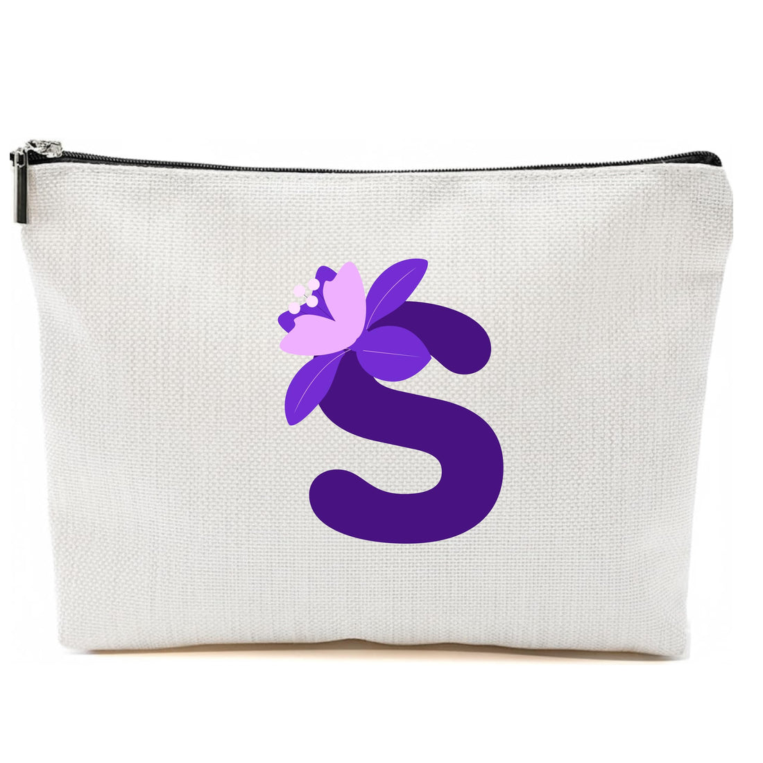 Personalized Initial Letter Makeup Bag, floral Initial Cosmetic Bag with Zipper Birthday Gifts for Women Girls, purple letter (S)