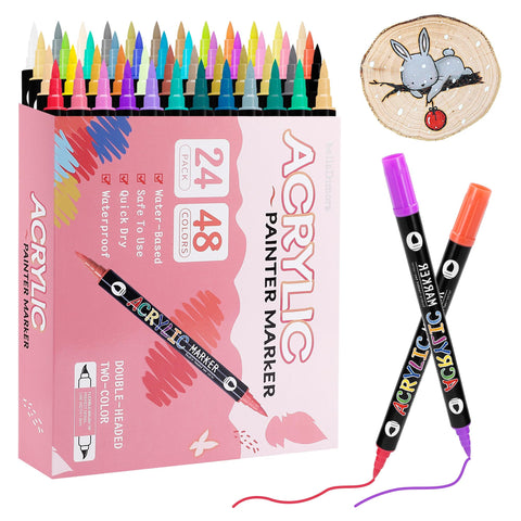 48 Colors Fabric Markers, Paint Pens Acrylic Markers Set, 24 pcs Dual Brush Tip & Two Colors Acrylic Paint Pens, Waterproof, Quick Dry for Clothing Glass, Rock Painting, Wood, DIY Crafts