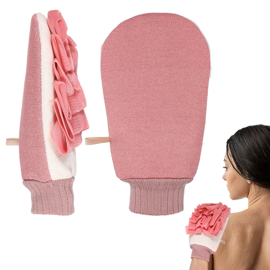 Deep Exfoliating Glove for Shower, Loofah Sponge, 1Pcs Double-Sided Exfoliating Wash Mitt, Dual Texture Bath Gloves, Exfoliating Gloves Remove Dead Skin & Cleanse Whole Body(Pink)