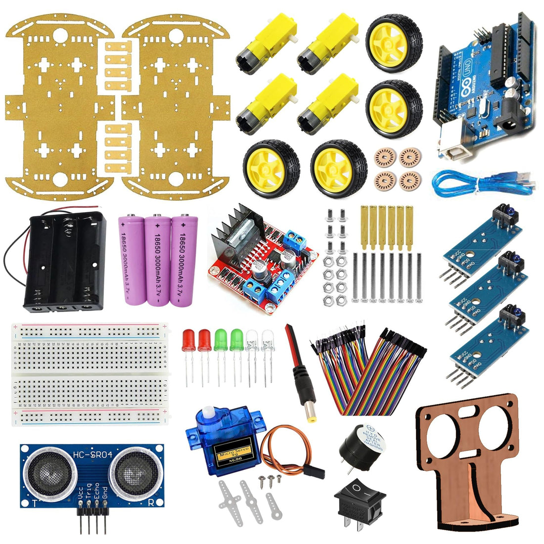 4WD Smart Robot Car Kit â€“ DIY Line Follower + Obstacle Avoidance with UNO-Compatible Board, Sensors, Chassis, Ultrasonic, Servo, H-Bridge, LEDs, Buzzer, and Breadboard