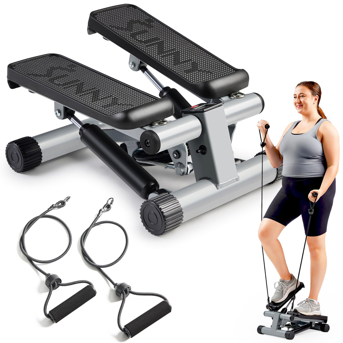 Sunny Health & Fitness Mini Stepper for Exercise Low-Impact Stair Step Cardio Equipment with Resistance Bands, Digital Monitor, Optional Twist Motion Stepper, Black