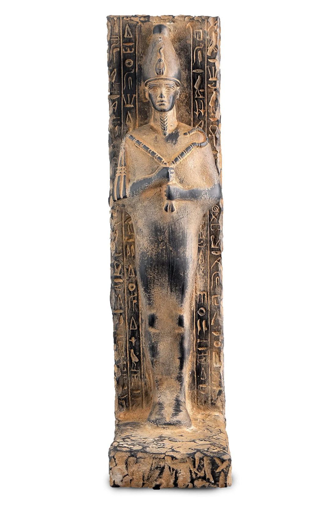 Statue Osiris large stela relief heavy Black stone pharaonic sculpture with inscription Horus made in Egypt. The first one associated with a mummy wrap.