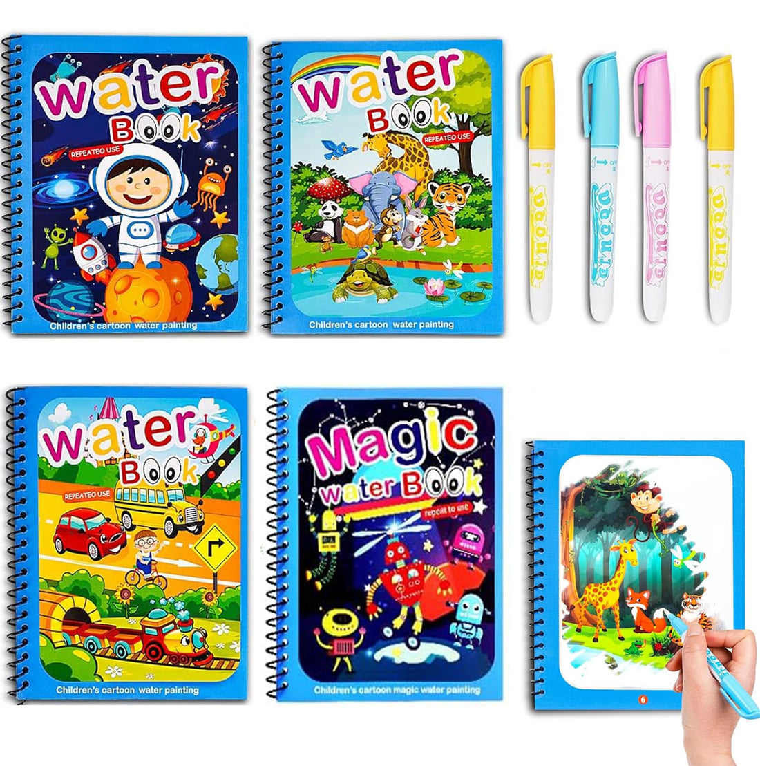 Water Colouring Book, Pack of 4, Water Drawing Book, Children's Magic Colouring Book, Reusable Magic Colouring Books with 4 Water Pens for Children from 3 Boys Girls (1)