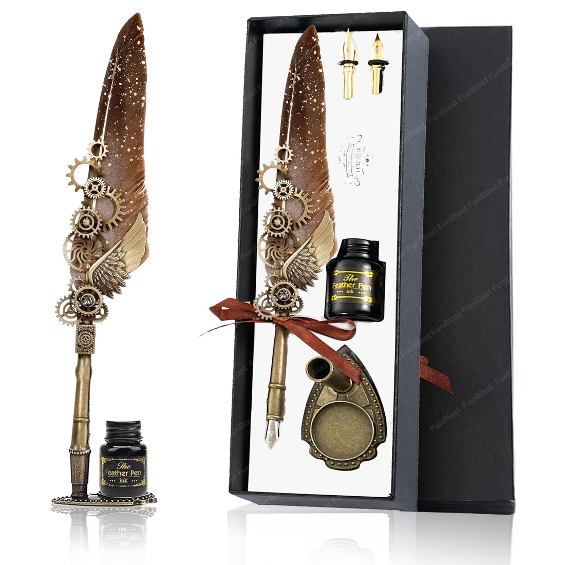 FunBlast Quill Pen Set – Vintage Quill Dip Pen Set, 2 Replacement Nibs, Pens Stand Base,15ml Ink, Calligraphy Pen Writing Ink Gift Set – Black Ink (Random)