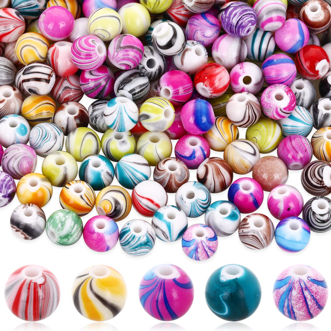 Abeillo 500 Pcs Multicolor Gemstone Beads, 8mm Exquisite Patterned Glass Stone Beads Round Spacer Beads for Handmade Bracelets Necklace Making