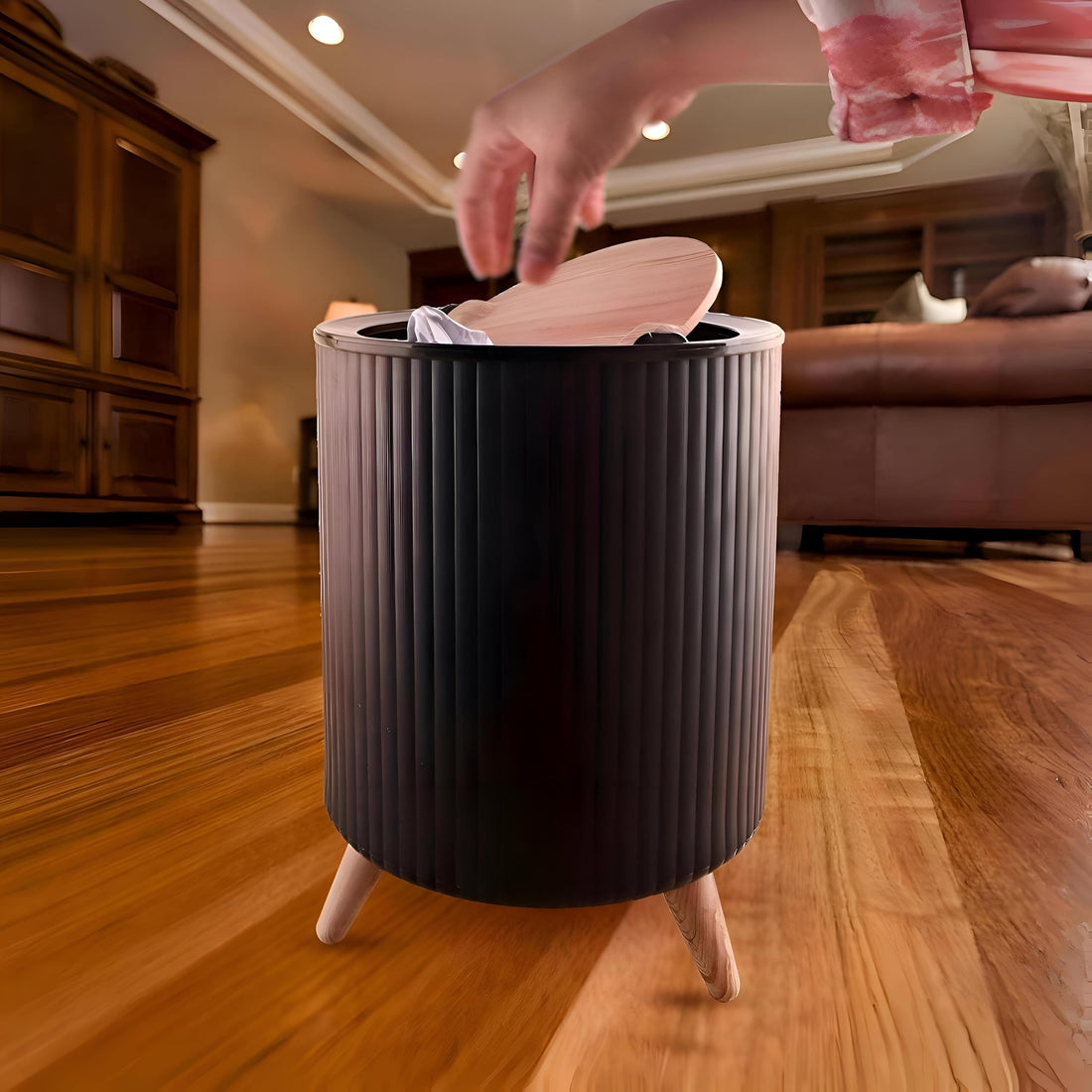 Modern Ribbed Trash Can - Stylish pink decorative waste bin with wooden legs, perfect for home office, bedroom, bathroom, or kitchen, combining elegance and functionality in a compact design. (Black)