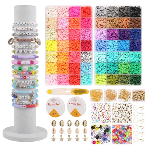 14610Pcs Clay Beads Bracelet Making Kit, Beads Set for Jewellery Making with 56 Colors Polymer Clay Beads, Letter/Heart Beads, Pendant, Jump Rings and Elastic Cords for DIY Bracelets Necklace Earring