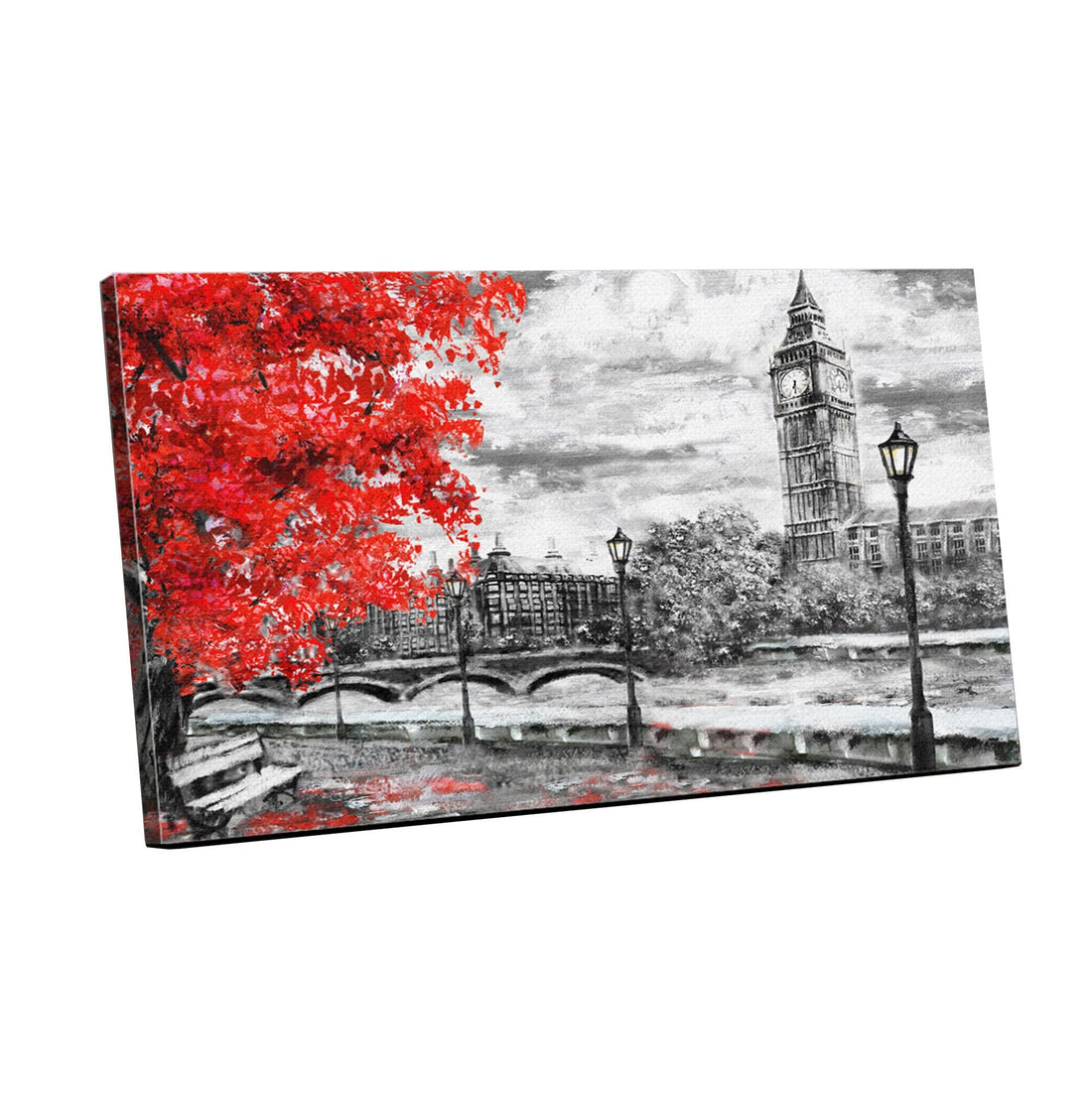 Home Gallery Canvas Wall Art, Abstract Framed Portrait of Big ben and red tree. England. Bridge and river 90 W x 60 H x 2 D