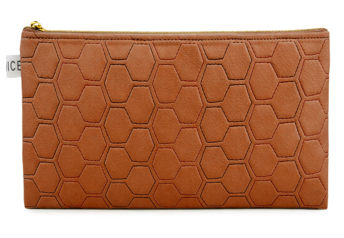 Hexa Edge Wristletless Bag - Stylish Handbag For Makeup & Cosmetic & Accessories, Lightweight Travel Clutches For Women (Brown)
