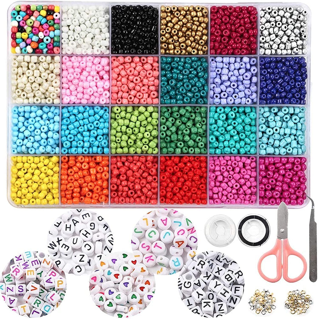 S2C 7200 Beads for Jewelry Making Beads Kit for Bracelets Glass Seed Beads Set and Alphabet Letter Beads Kit Pony Beads Pearl beads Clay Beads DIY Craft Kit Gift for Girls and Kids (A)