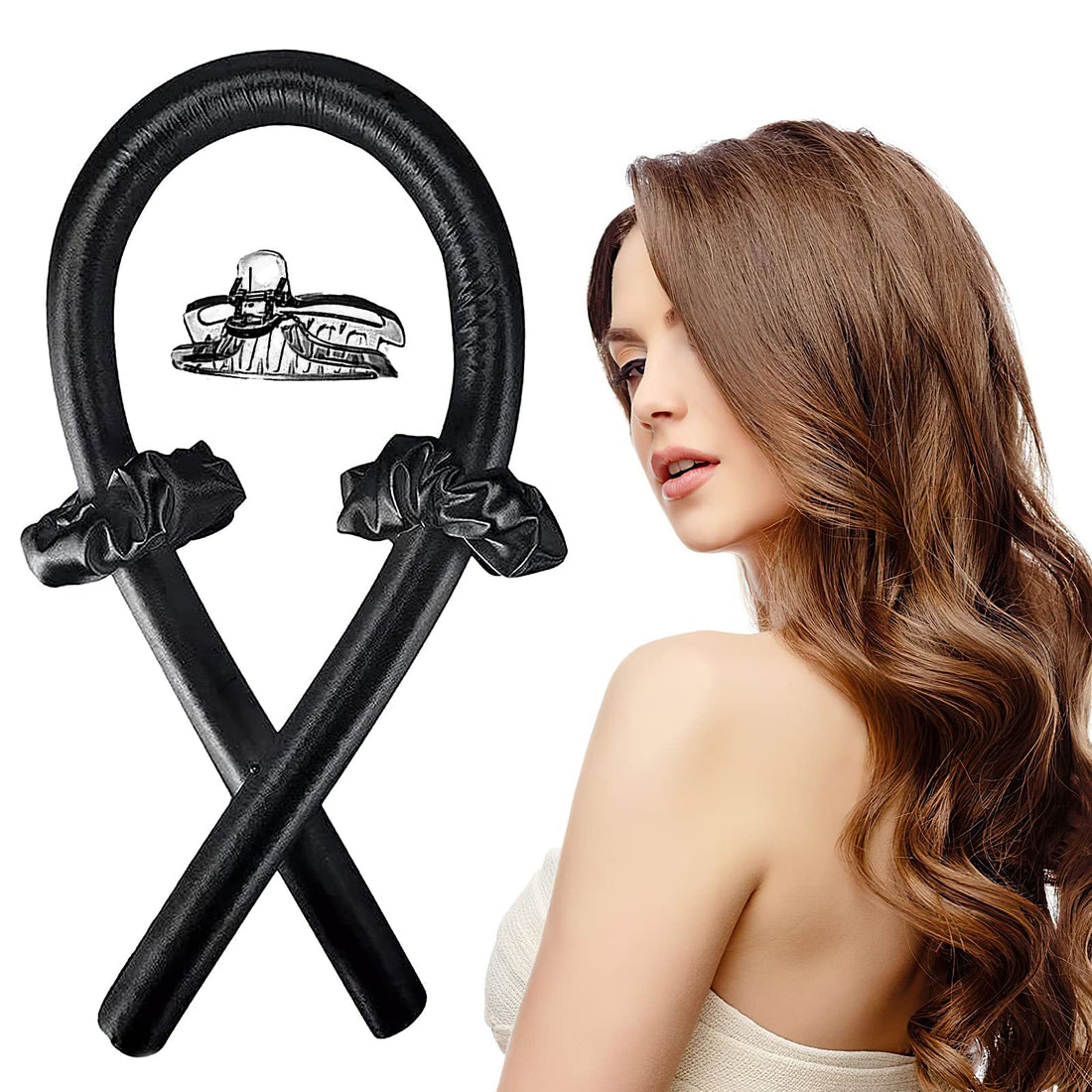 Heatless Curling Rod Headband – No Heat Silk Heatless Hair Curlers Set for Long Hair to Sleep In with Hair Clip and Scrunchies, Overnight Lazy Hair Rollers Ribbon for Women Natural Curly Hair Black