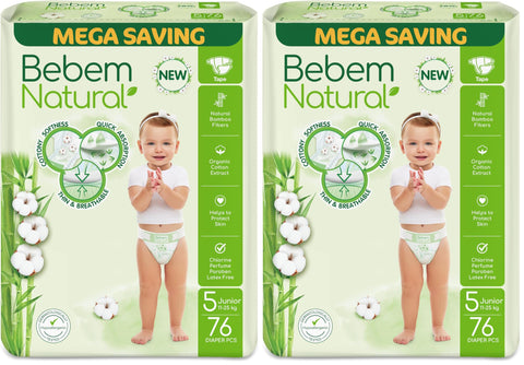 Bebem Natural - Baby Diapers - Mega Pack - Junior Size 5-76 Pieces (Pack of 2)