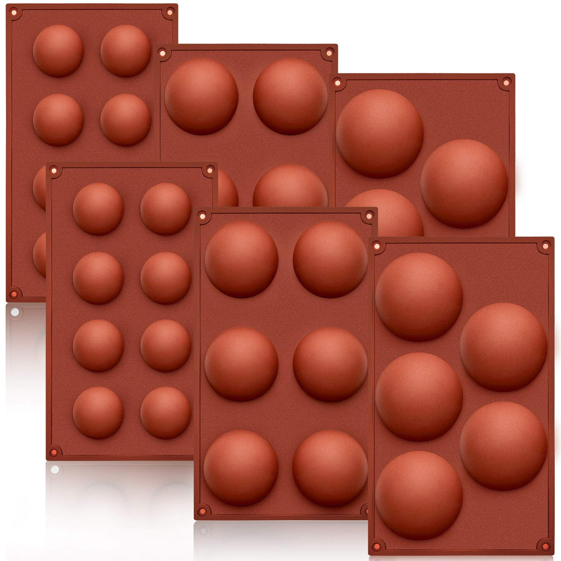 Patelai 6 Pieces Semi Sphere Silicone Mold Half Round Baking DIY Mold for Chocolate, Cake, Jelly, Dome Mousse Making Brick Red Baking Mold Tools (5 Holes, 6 Holes, 8 Holes)