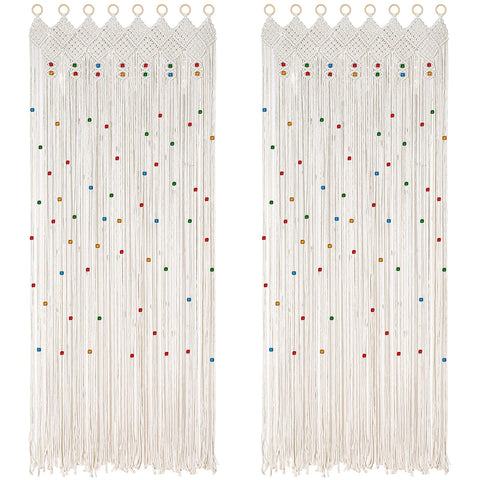 ANMINY 2 PCS Macrame Beaded Curtain for Doorways 35.4" x 78.7" Handmade Doorway Beads Curtain Boho Bedroom Window Curtains with Wooden Rings Cotton Woven Macrame Wall Hanging Hippie Room Decor