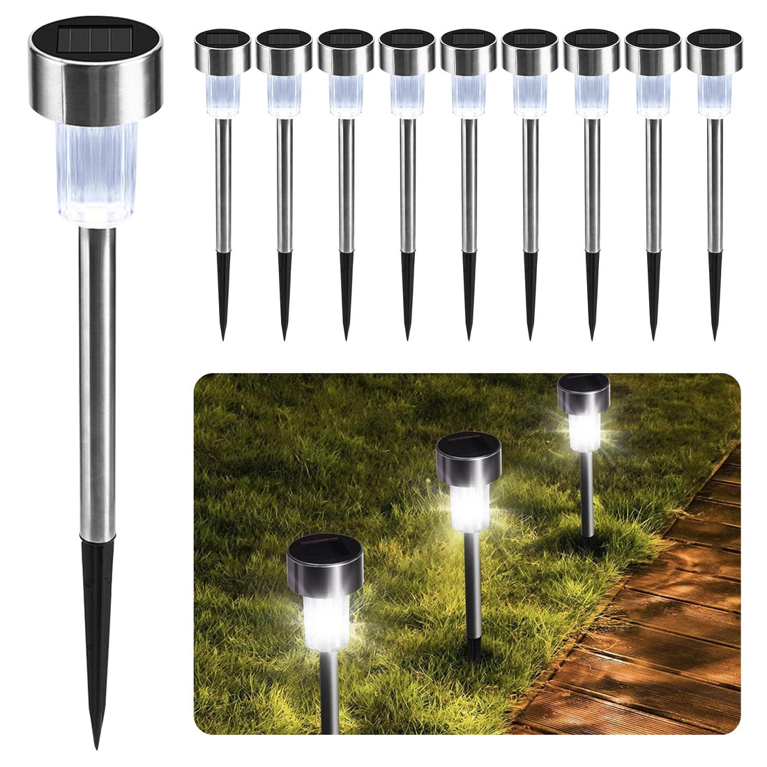CUQOO Solar Garden Stake Lights - 10pcs LED Lights - Waterproof Rechargeable Stainless Steel Garden Lights for Pathway Lighting - Outdoor Solar Lights for Garden (White)
