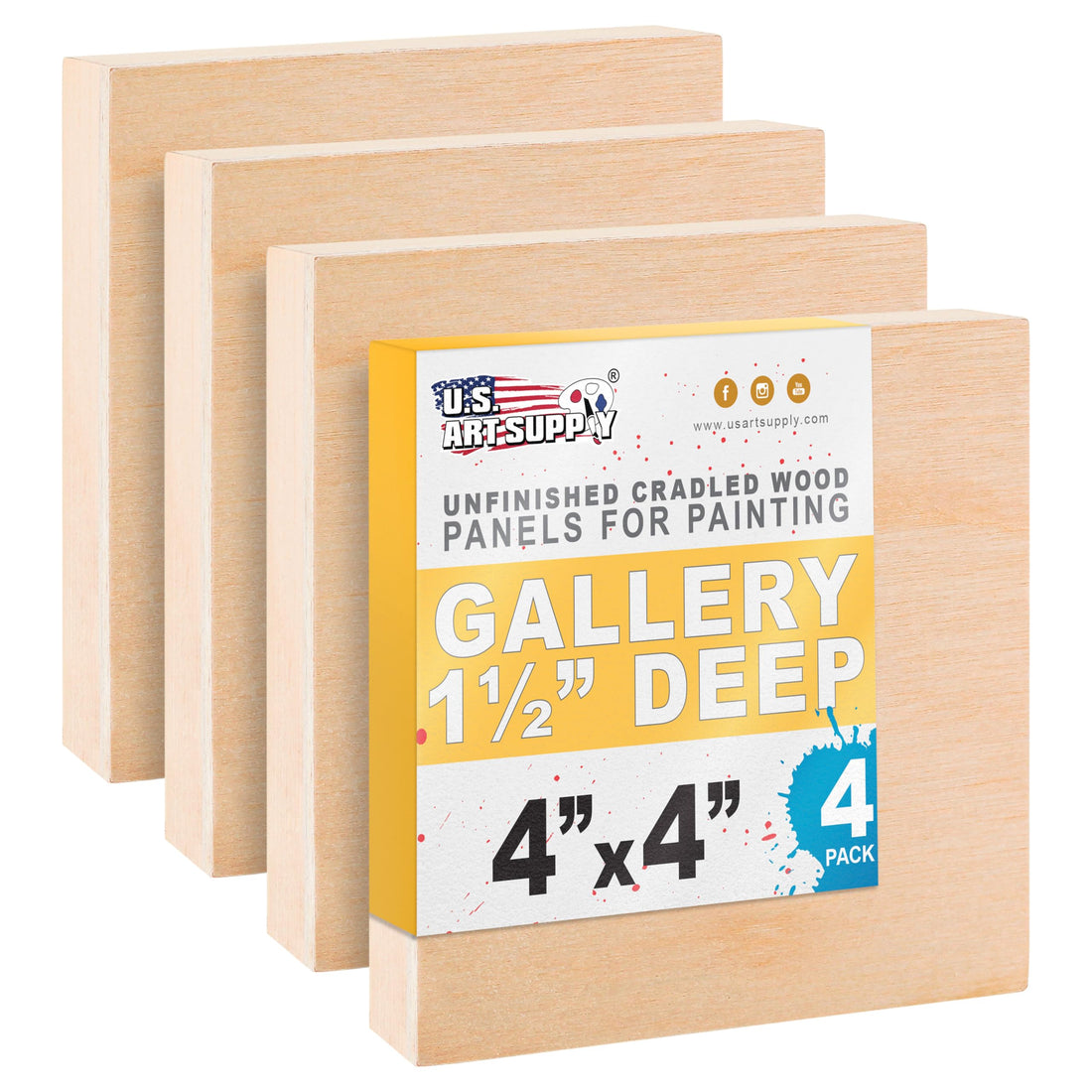 U.S. Art Supply 4" x 4" Unfinished Cradled Wood Panels for Painting, Gallery 1-1/2" Deep (4 Pack) - Artist Depth Birch Wooden Wall Canvases - Mixed-Media Craft, Acrylic, Oil, Encaustic, Paint Pouring