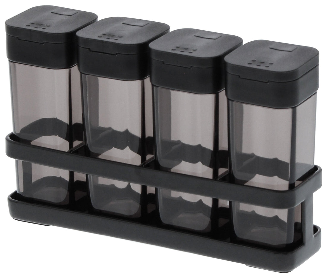 Yamazaki Home Spice Bottles With Rack - Kitchen Pantry Organizer Containers, Steel + Plastic, 1.69 oz. | 50 ml per shaker, Airtight, Lid, No Assembly Req.