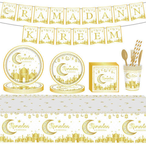 210pcs Eid Mubarak Dinnerware Set 24 Person Ramadan Tableware Set Dinner Plates Cups Disposable Napkins Straws Knives Forks And Spoons Ramadan Tablecloth, Hanging Eid Mubarak Decorations (B1)