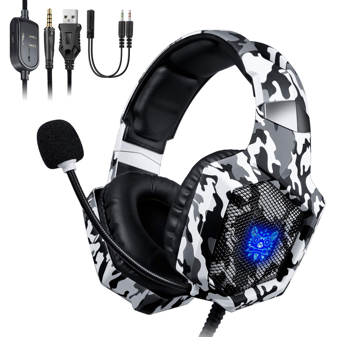 ONIKUMA PS4 Gaming Headset Xbox One Headphones with RGB LED Light Noise Canceling Mic for Nintendo Switch Xbox One S PC Smartphones Laptop Computer (K8 Camouflage)