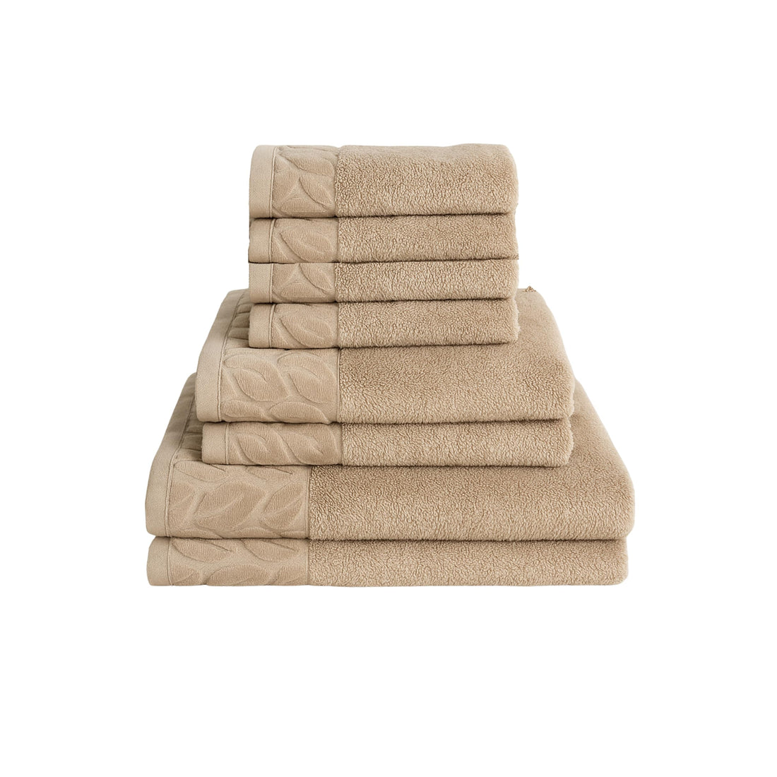 Sol Suave Premium Cotton Towel Set, 8-Piece, Hotel Quality, 2 Bath Towels, 2 Hand Towels, 4 Face Towels, Super Soft and Absorbent, with Jacquard Leaf Pattern (Beige, 8 Pieces Towel Set)