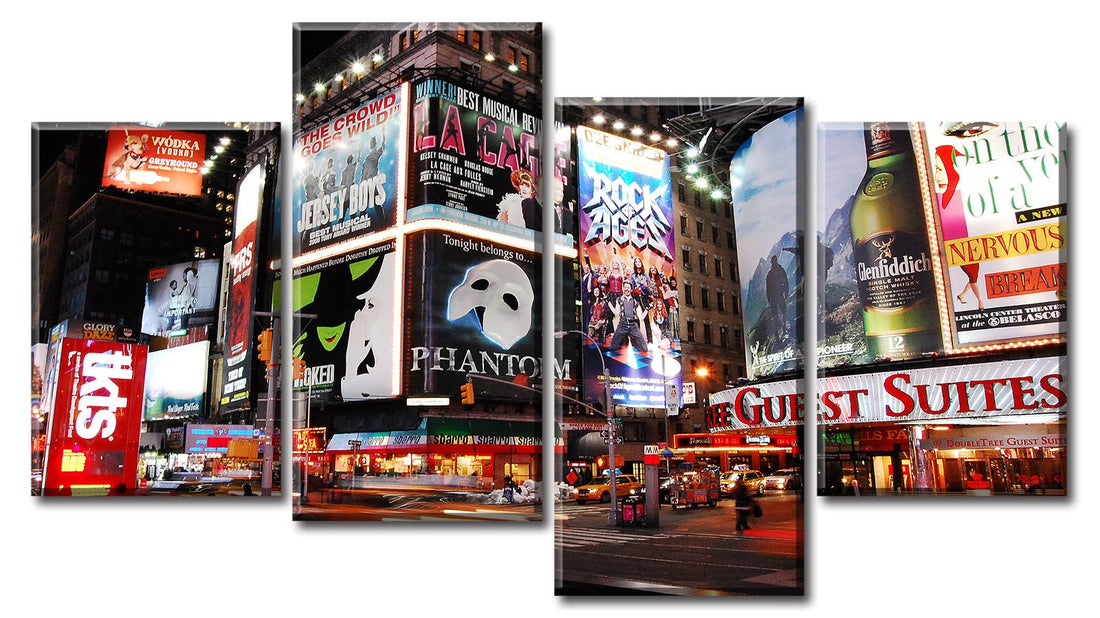 Namoset Bedroom Wall Art America New York City Times Square Theater District Broadway Manhattan Panoramic Poster 4 Piece Canvas Print Painting Modern Artwork for Living Room Office Decoration Framed