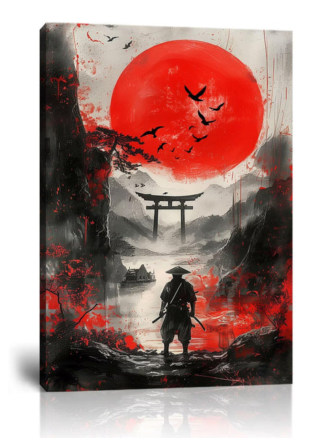 Japan Samurai and Full Moon Pictures Wall Art Japanese Theme Painting Canvas Prints Bushido Posters Japanese Landscape Artwork Home Decor Framed for Living Room Bedroom Office (12''W x 16''H)