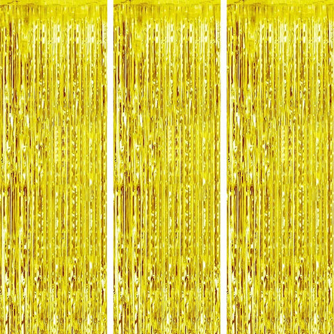 FECEDY Metallic Foil Curtains With 3 Packs For Party 3.28 x 6.56 Ft - Gold