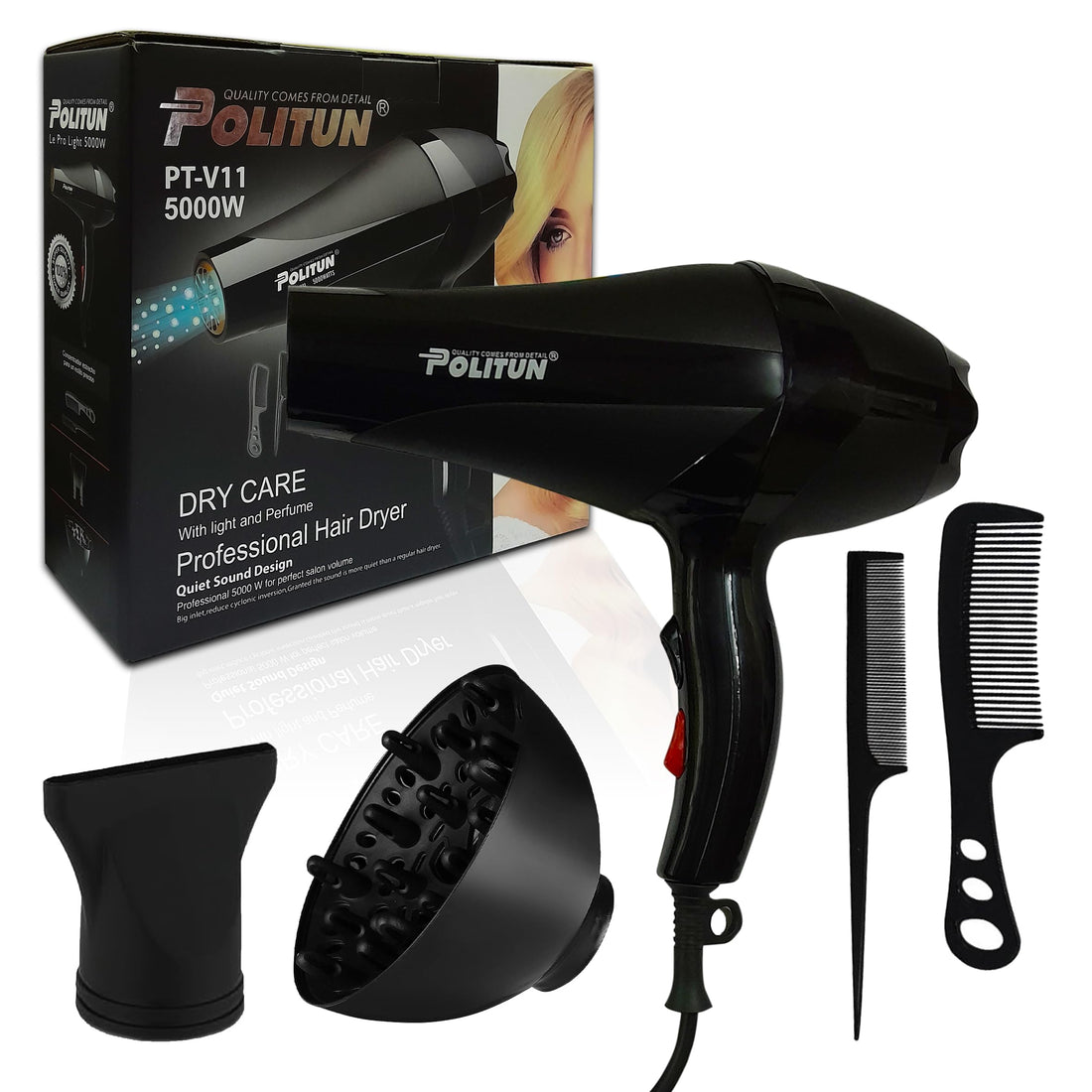 POLITUN Hair Dryer - 5000 Watts, Fast Drying, Quiet Design, Customizable Settings & Overheat Protection, PT-V11