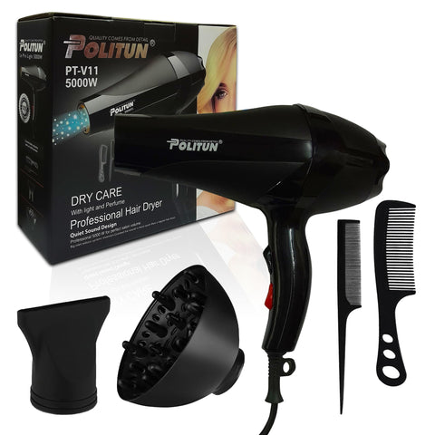 POLITUN Hair Dryer - 5000 Watts, Fast Drying, Quiet Design, Customizable Settings & Overheat Protection, PT-V11