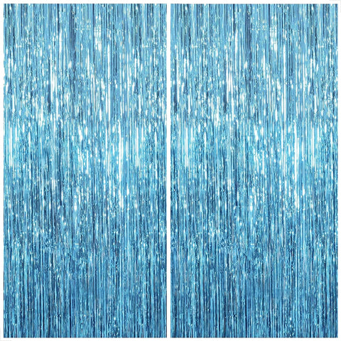 KatchOn, XtraLarge, Blue Foil Fringe Curtain - 3.2x8 Feet, Pack of 2 | Blue Backdrop Curtain for Under The Sea Party Decorations | Christmas Decorations | Mermaid Birthday Decorations
