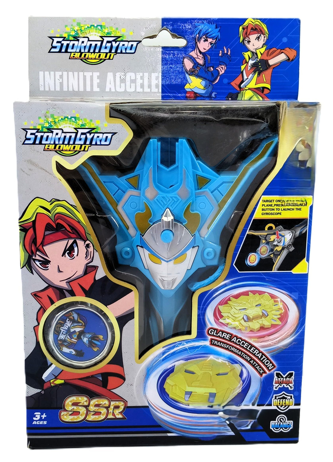 Storm Gyro Blowout Spinning Top Toy with Launcher for Children, Plastic, Blue and Yellow