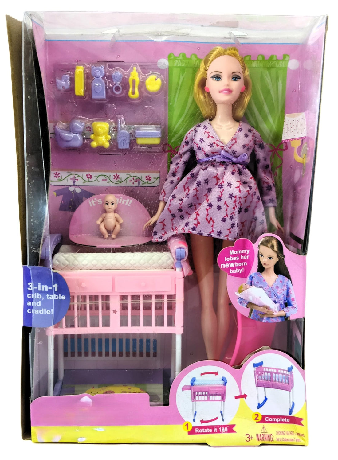 Mum Doll Playset with Newborn Baby and 3-in-1 Crib, Plastic Toy Figure for Girls Ages 3+