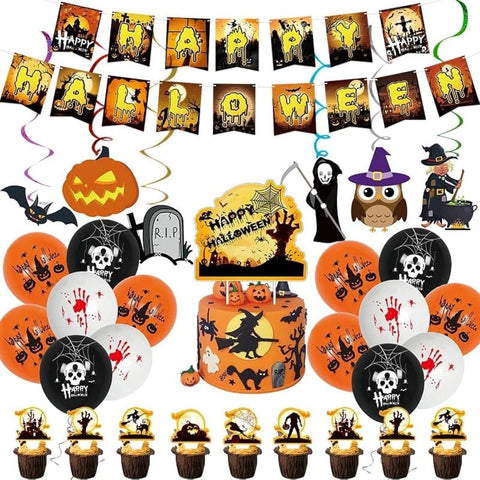 Party Supplies, Halloween Plates, Halloween Plates and Napkins, 56 PCS Disposable Dinnerware Set Includes Paper Plates and toppers Hanging swirls Ballon Halloween Decorations