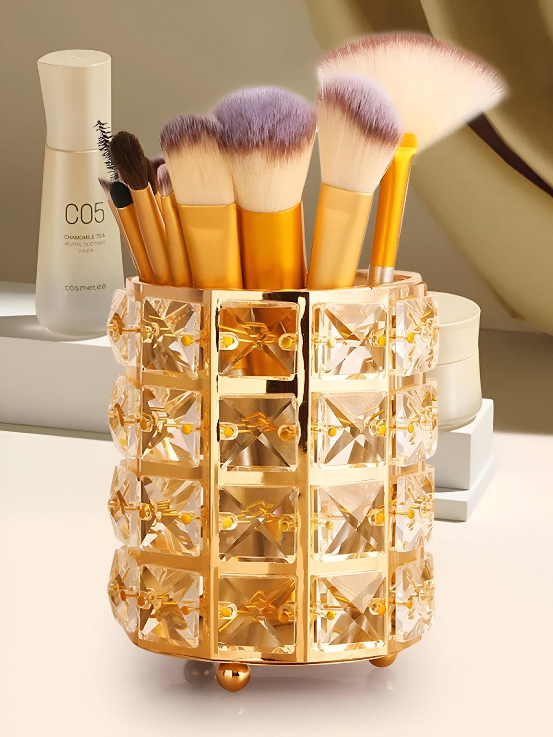 Beauty Organizer - Chic multifunctional crystal container for cosmetics, brushes, and accessories, offering both stylish storage and shimmering decoration within modern makeup spaces and vanities.