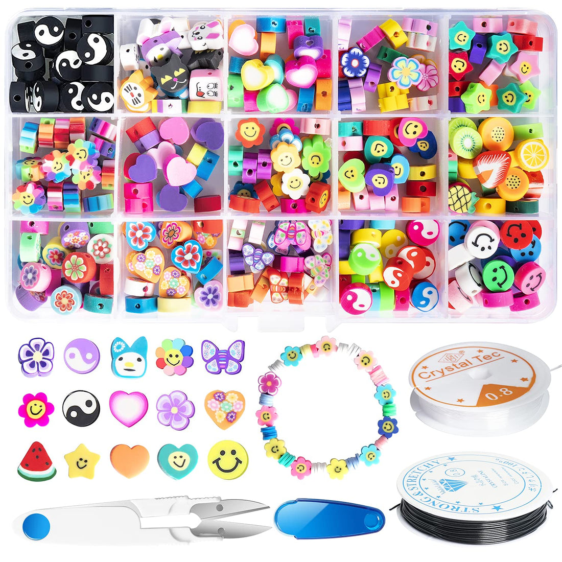 Smiley Face Beads, 300 Pcs 10mm 15 Variety of Polymer Clay Beads Kit Flower Fruit Cartoon Animal Beads with 2 Roll Elastic Strings & Scissors for Jewelry Making DIY Bracelets Earrings Necklaces