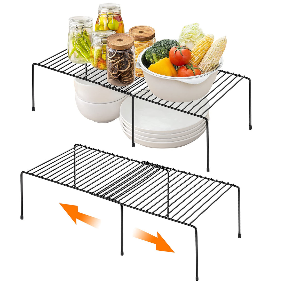 Ravinte 2 Pack Freezer Shelf Organizer, Expandable Cabinet Storage Shelf with Rustproof Metal Wire, Adjustable Kitchen Cabinet Organizer Spice Rack for Frige, Pantry, Cupboard, Countertop - Black