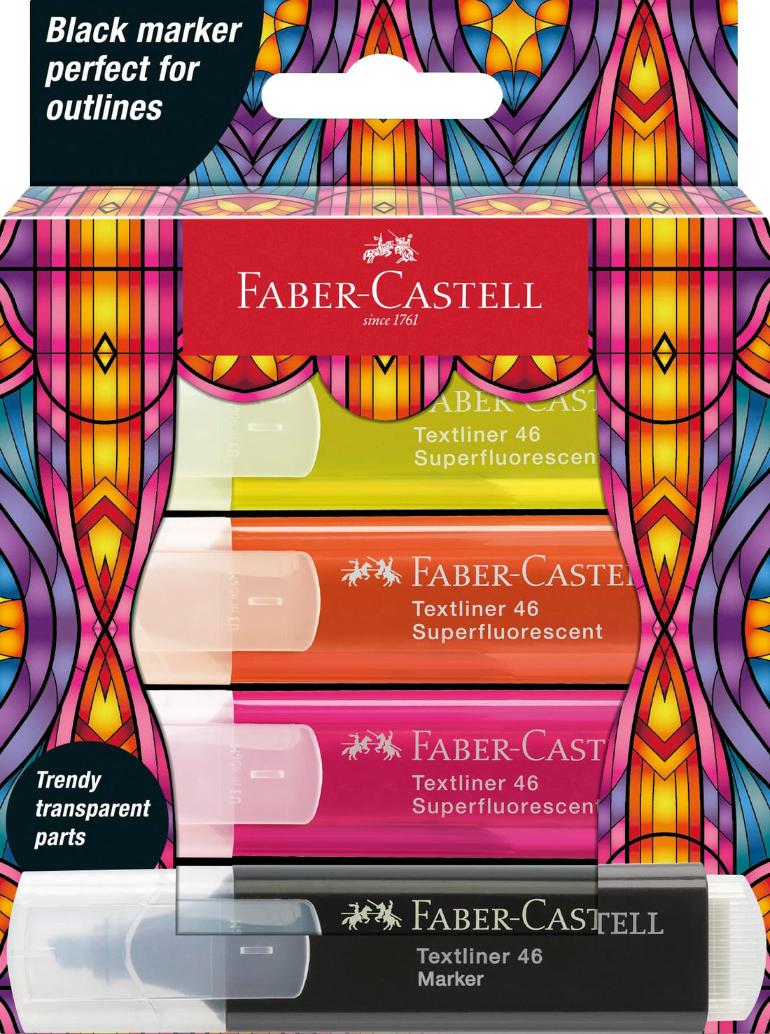 FABER-CASTELL Glassy Neon 254693 Highlighter Set of 4 with Black Marker for Children and Adults