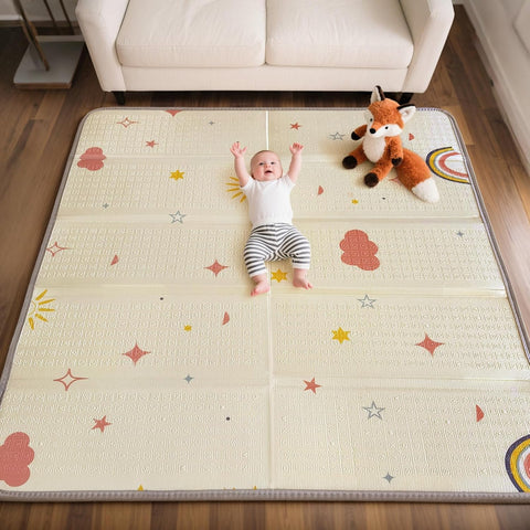 Extra Large Foldable Play Mat, Reversible Baby Play Mat with Edge Reinforcement, Non-Toxic & Waterproof Baby for Floor, Foam Playmat with Travel Bag, Rainbow, Cloud & Moon, 71"x59"