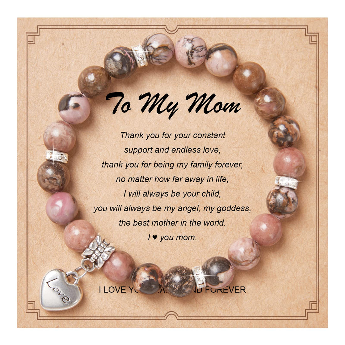 Natural Stone Bracelet Gifts for Women， Birthday Gift for Mom/Aunt/Grandmother, Heart Pendant Charm Bracelet with Gift Message Card, 8mm, Stone, pink black rhodochrosite