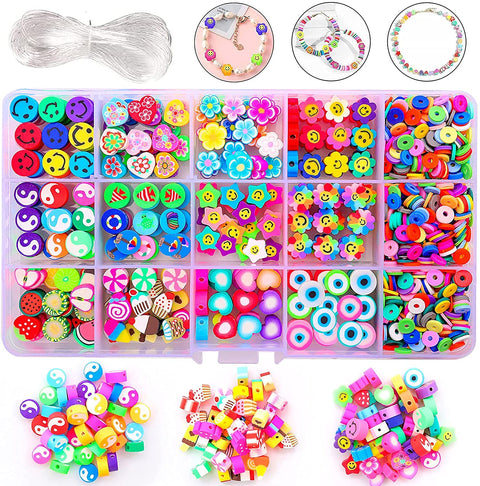 KASTWAVE Flower Smiley Face Beads Polymer Clay Bead Kit, Smiley Face Beads Set for Kids DIY, Beads Craft Set for DIY, Art and Craft with Rolls of Elastic String Cord, Charms and Rings (1140 Pcs)