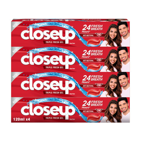Closeup Triple Fresh Gel Toothpaste, Red Hot, for 24HR fresh breath, 120ml x 4