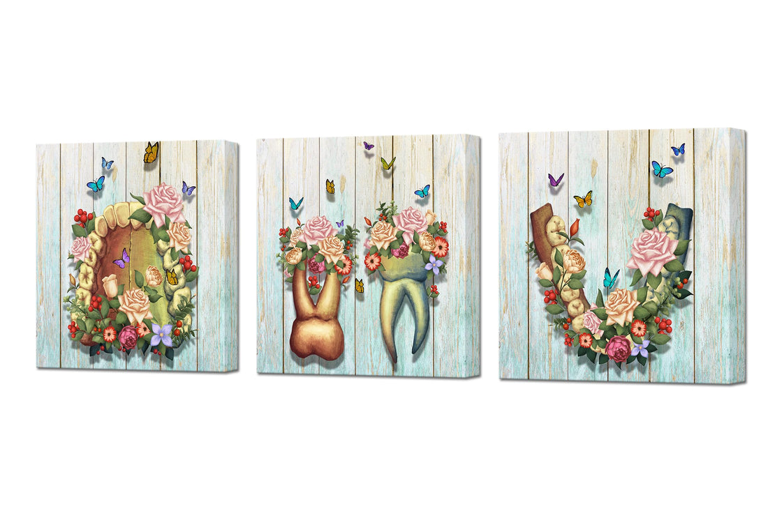 DuoBaorom 3 Pieces Dental Art Anatomy Human Teeth Flower Butterflies Picture Wall Art for Dental Clinic Dentistry Office Medical Decor Stretched Ready to Hang 12x12inchx3pcs