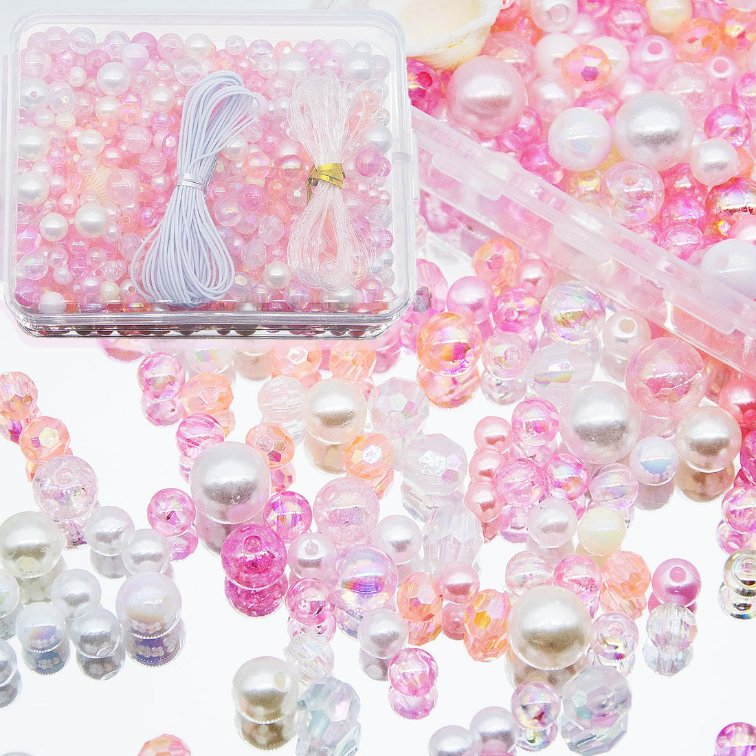 Anower Pink White Mixed Assorted Beads Crystal Glass Beads Pearls Round Spacer Beads Crafts Beads Bulk Beads with Elastic String for Necklace Bracelet Earrings DIY Crafts Jewelry Making