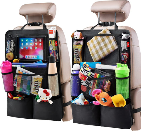 Backseat Car Organizer, Kick Mats Back Seat Protector with Touch Screen Tablet Holder, Back Seat Organizer for Kids, Travel Accessories with 9 Storage Pockets 2 Pack (Black)