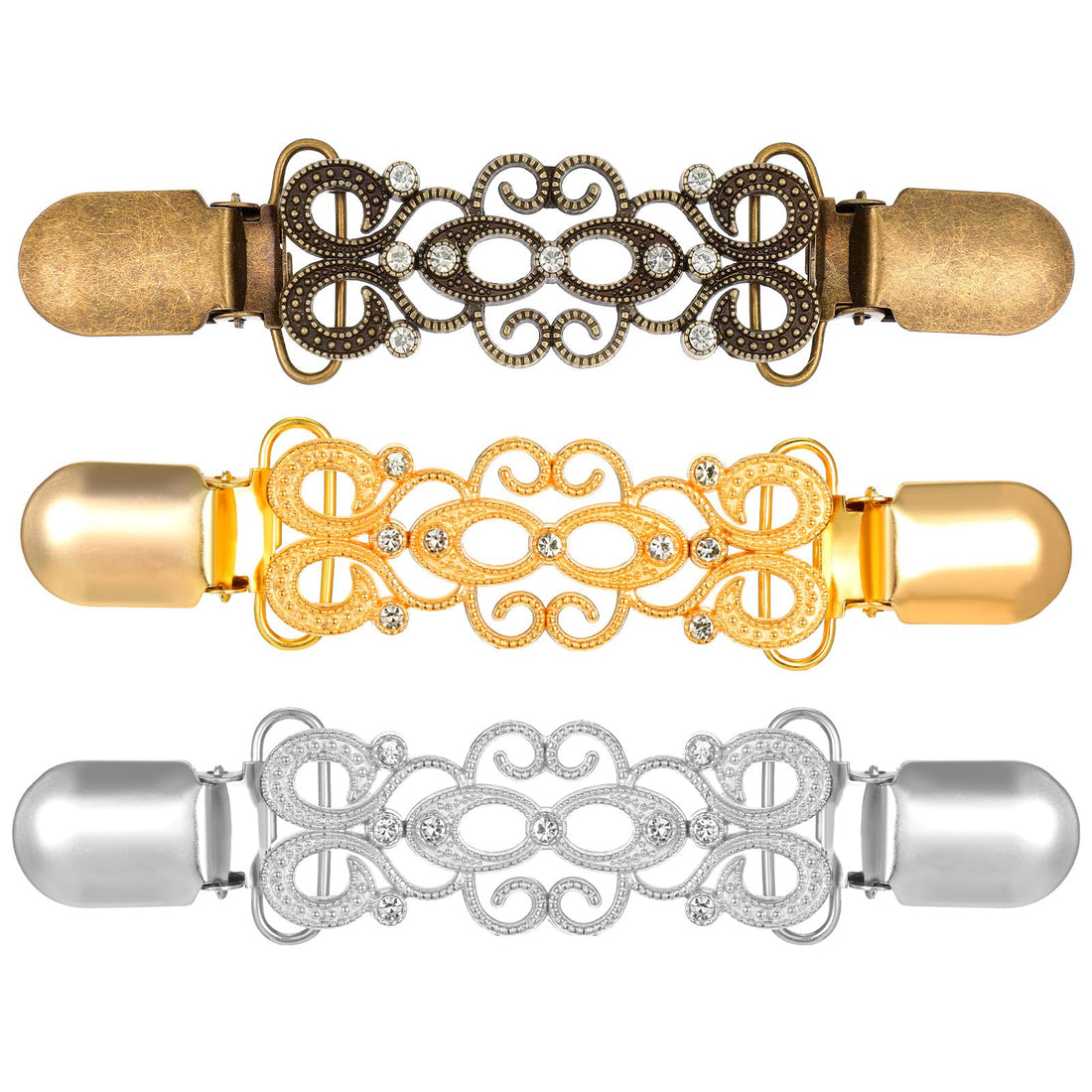 Pack of 3 RCA Clips, Retro Elegant Waist Clip in 3 Colours, Portable Cardigan Clip for Clothes, Collar and Scarf for Women and Girls