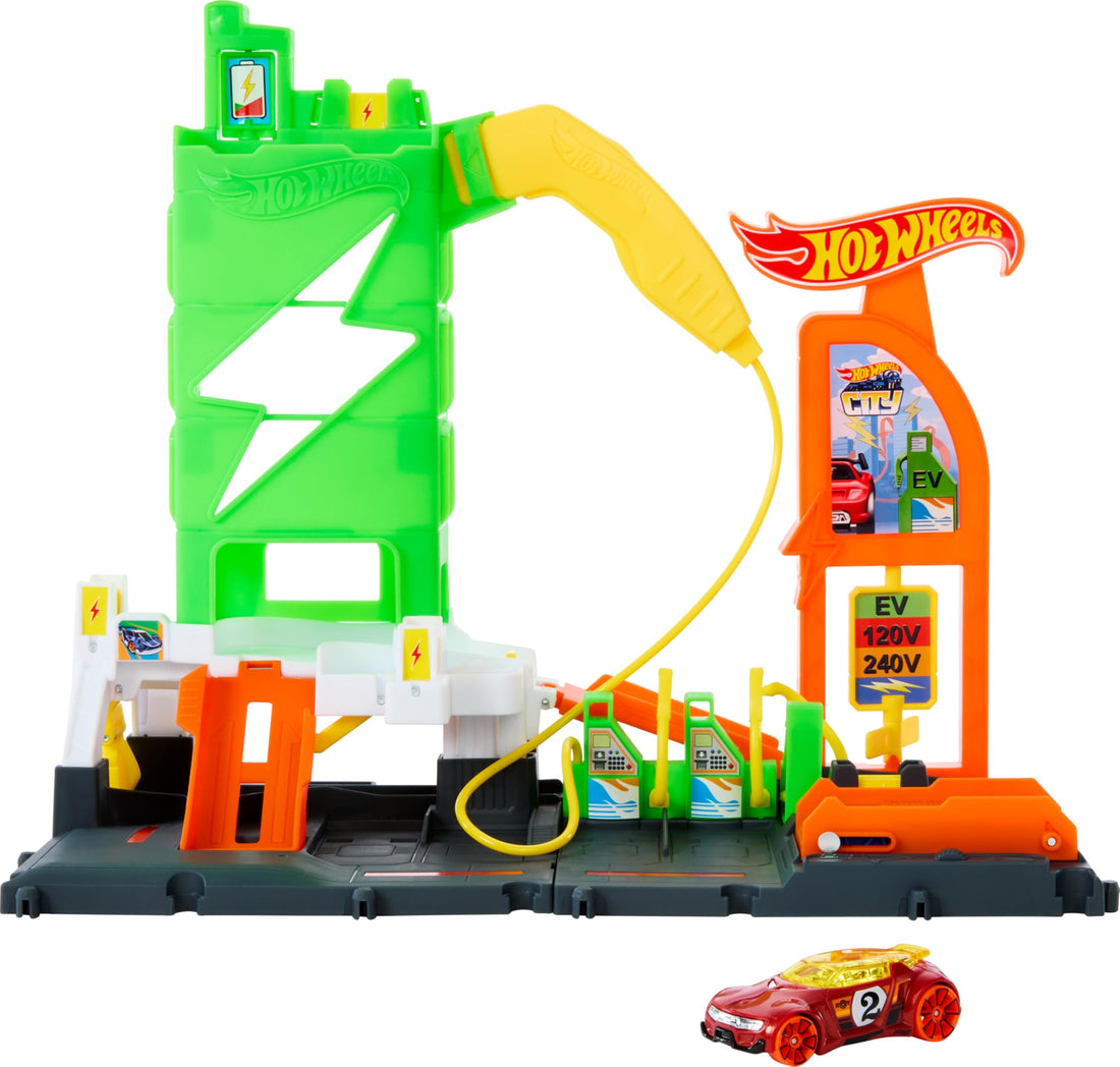 Hot Wheels 'Let's Race' Netflix - Area di Servizio Super Ricarica, playset con 4 stazioni di rifornimento, ascensore e parcheggio fino a 10 auto, 1 macchinina inclusa, 4+ anni, HTN79