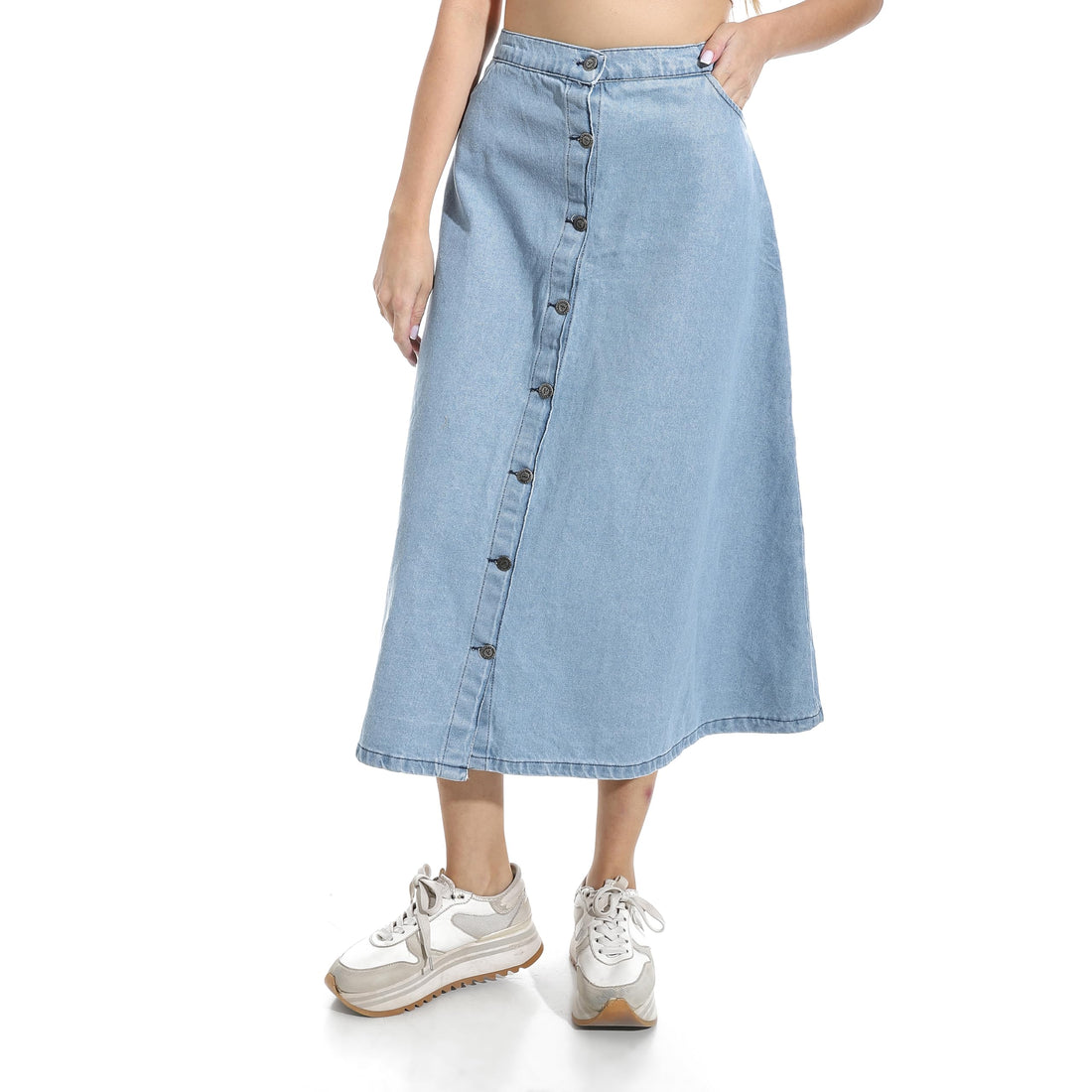 Andora Light Blue Maxi Flare Button Closure Denim Skirt-Light Blue_4XL
